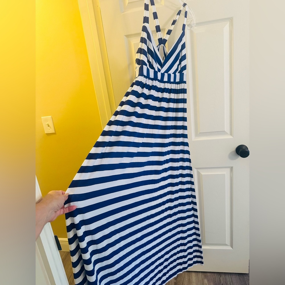 OndadeMar Blue & White Striped Long Maxi Dress Twisted Halter Resort wear Large